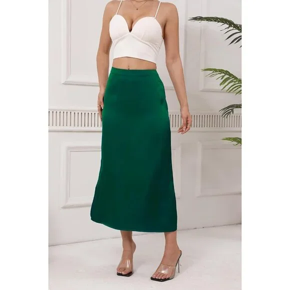 Women's Green Satin Elastic Silk Slip A Line Flowy Ruffle Cocktail Midi Skirt
